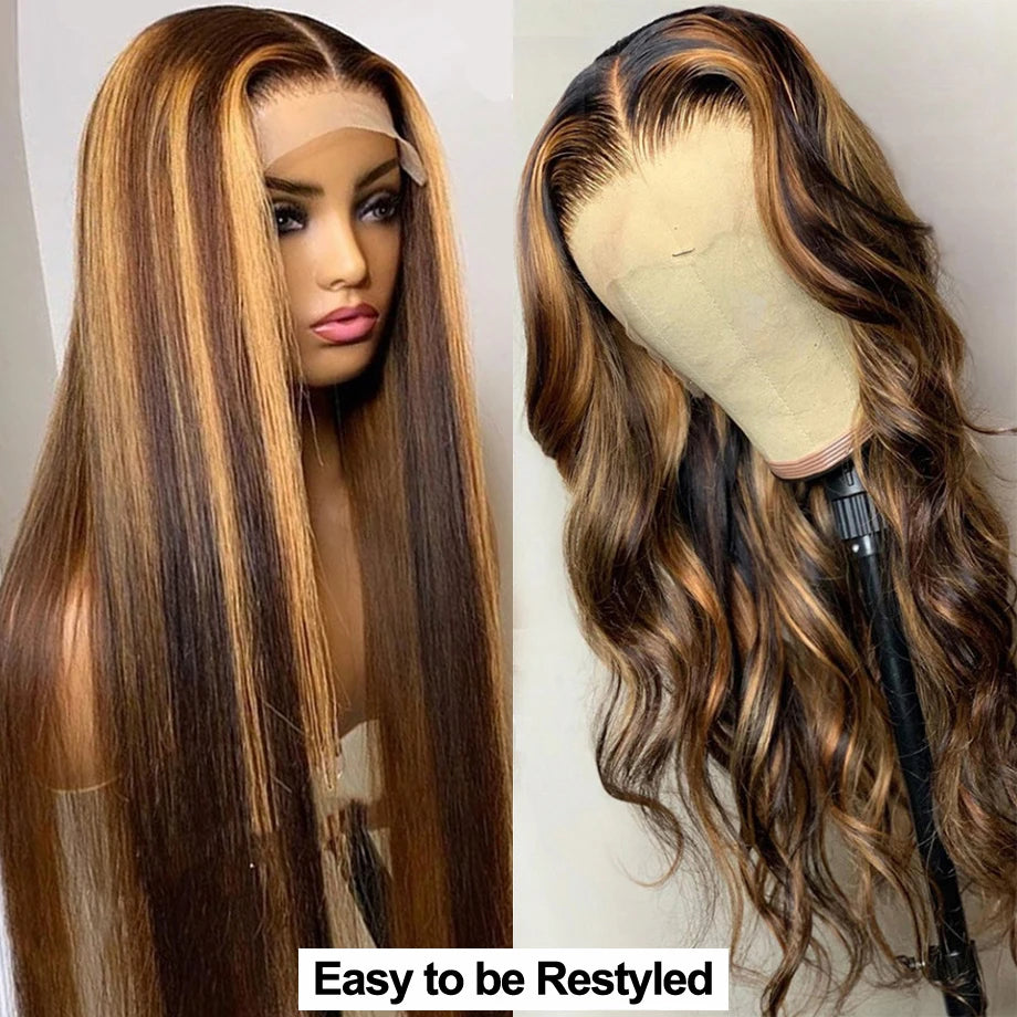 Highlight Colored Human Hair Wigs For Women 13x4 Lace Front Human Hair Wig Pre Plucked Honey Blonde Straight Lace Frontal Wig