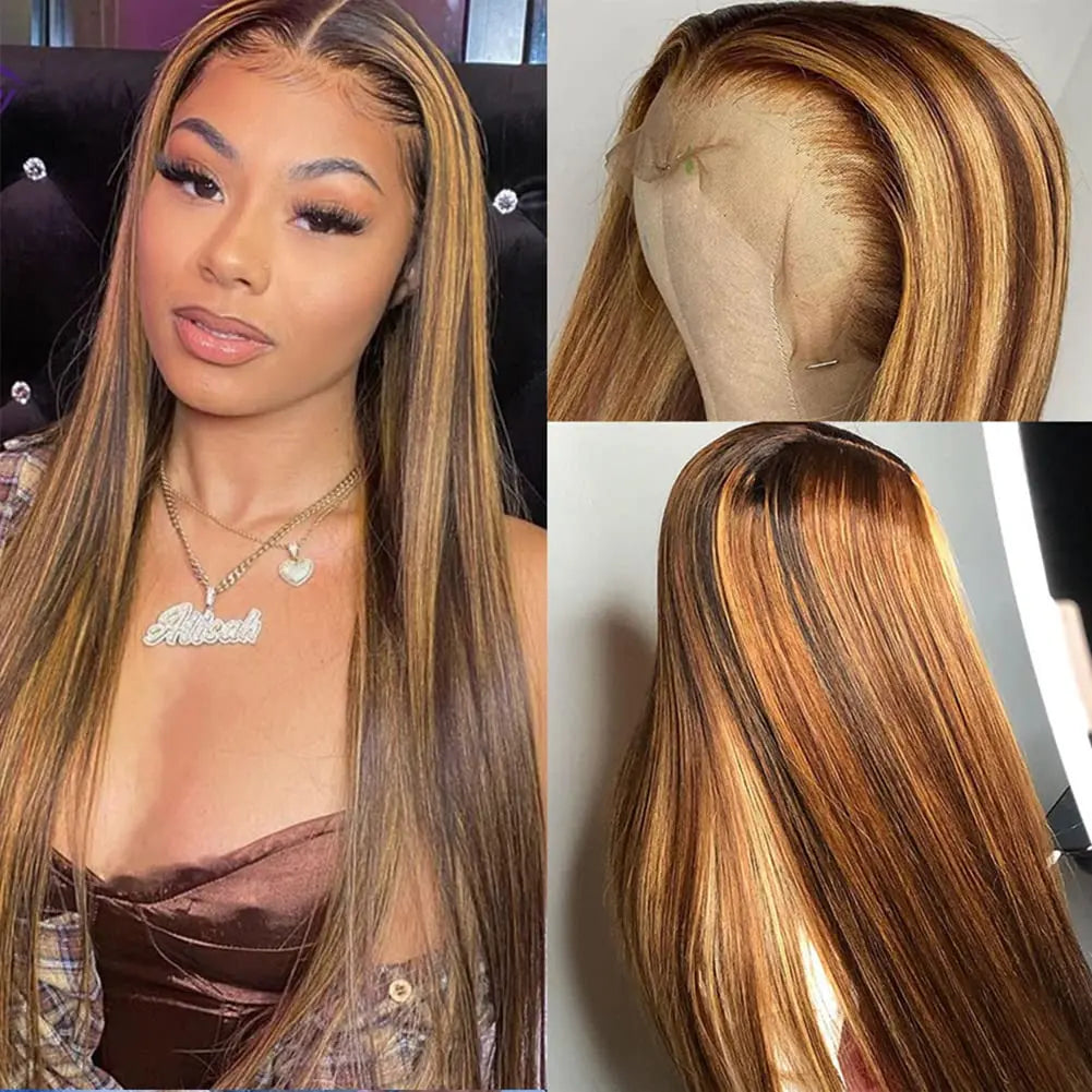 Highlight Colored Human Hair Wigs For Women 13x4 Lace Front Human Hair Wig Pre Plucked Honey Blonde Straight Lace Frontal Wig