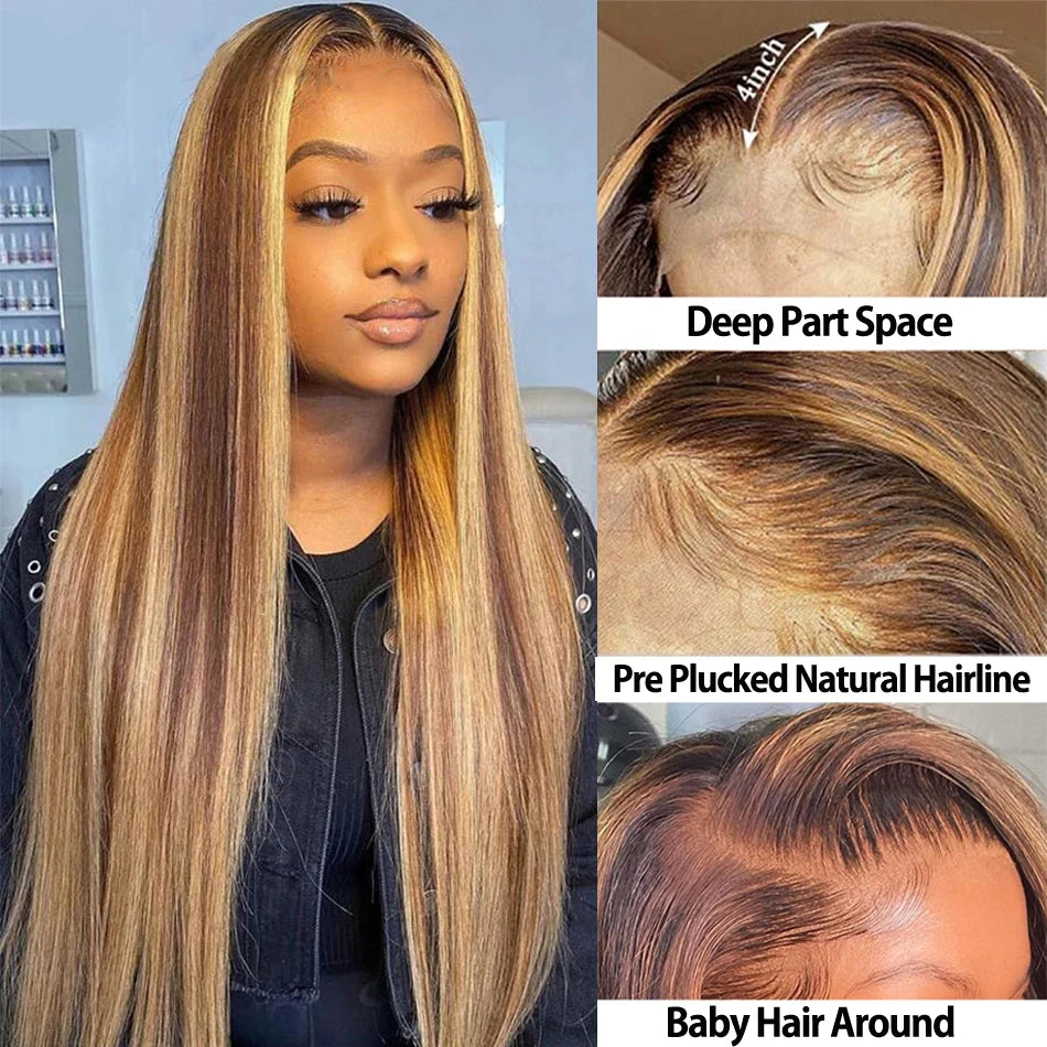 Highlight Colored Human Hair Wigs For Women 13x4 Lace Front Human Hair Wig Pre Plucked Honey Blonde Straight Lace Frontal Wig
