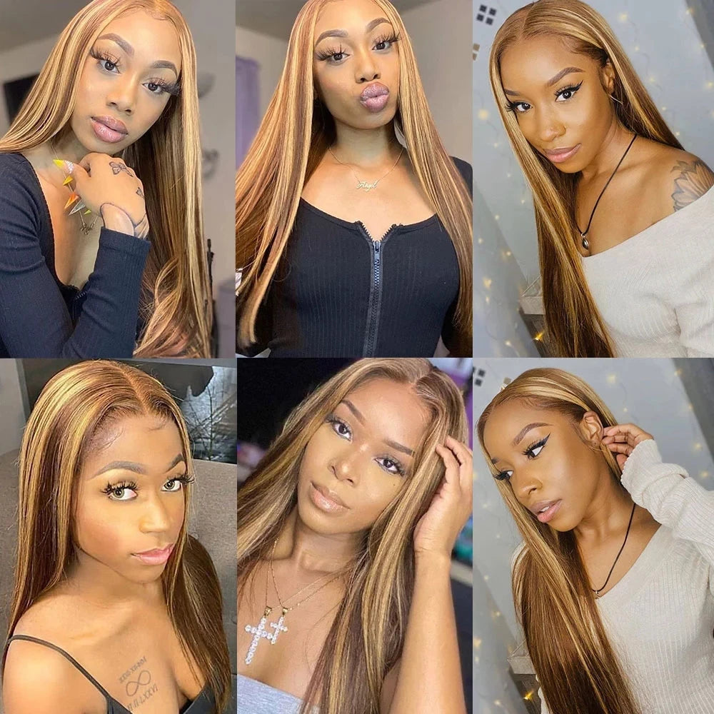 Highlight Colored Human Hair Wigs For Women 13x4 Lace Front Human Hair Wig Pre Plucked Honey Blonde Straight Lace Frontal Wig
